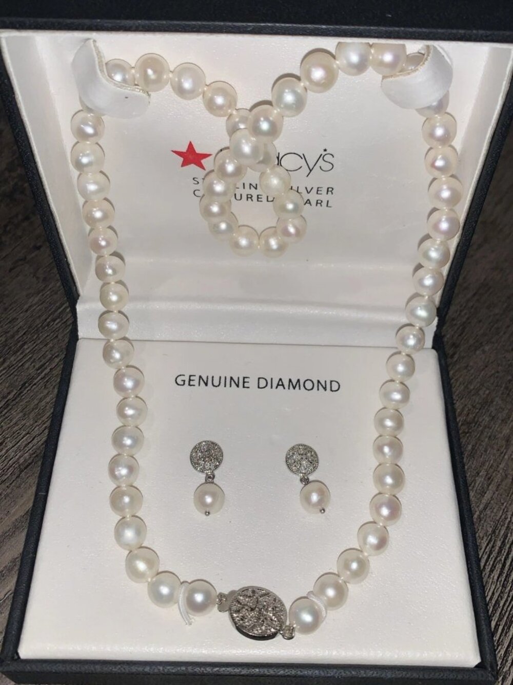 Macy's Sterling Silver Cultured Pearl Necklace & Earrings NWT with box